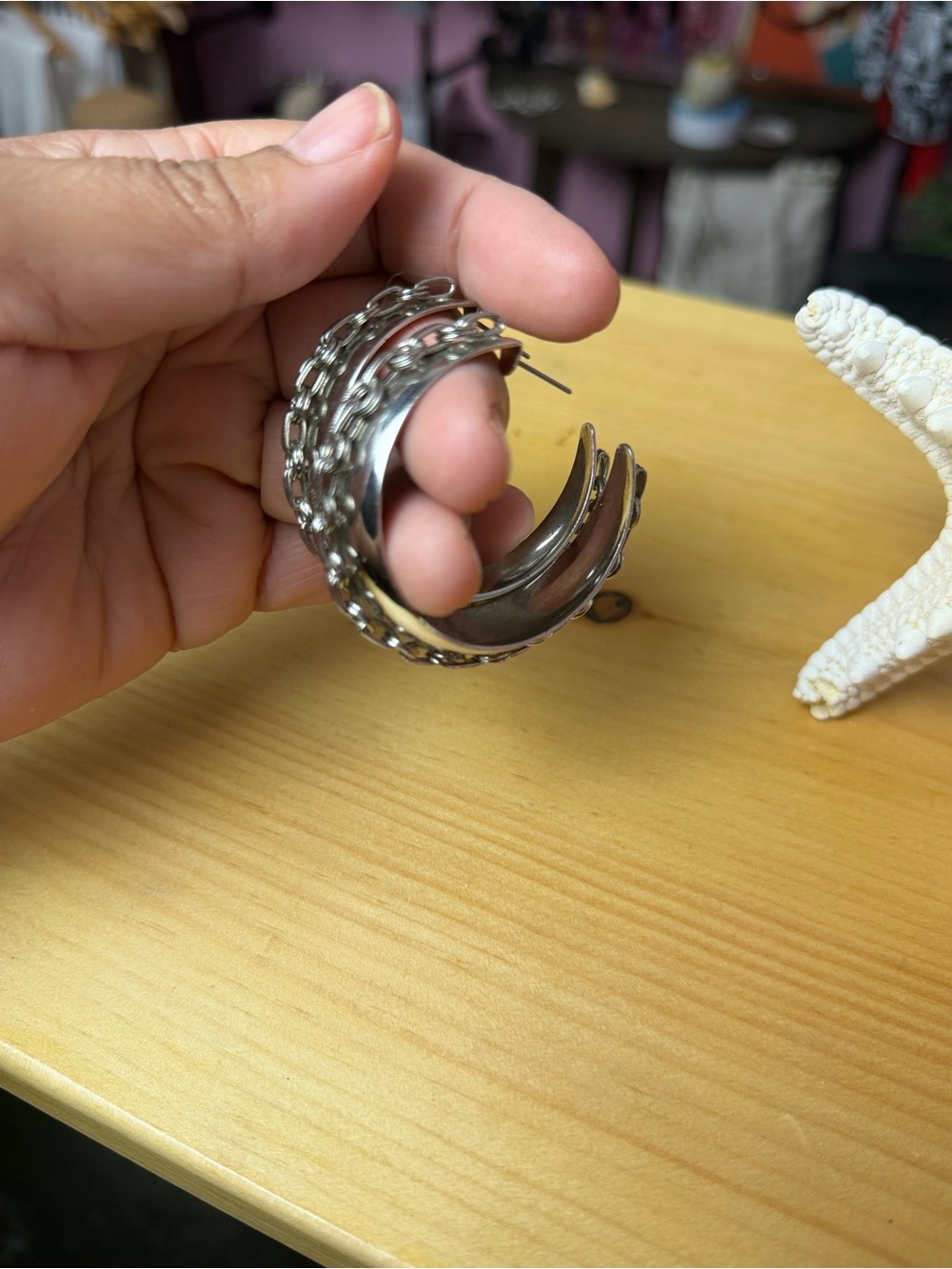 Vintage Chain Detail Hoop Earrings | Silver Tone Statement Jewelry - Picture 6 of 16